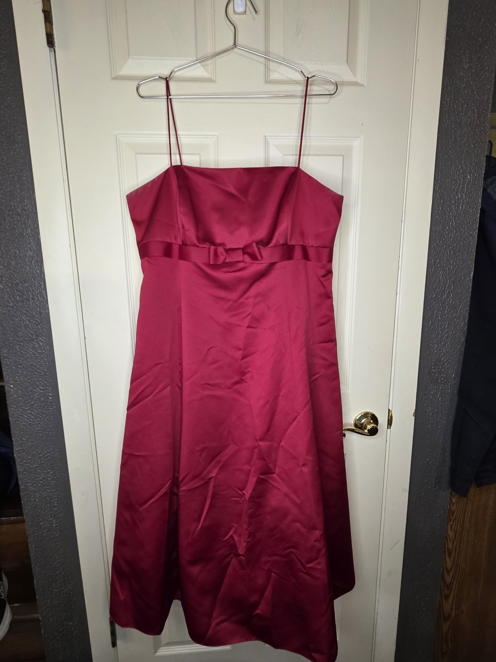 Davids Bridal 8585 Red Satin Midi Gown Size 16 Empire Bow Wedding
